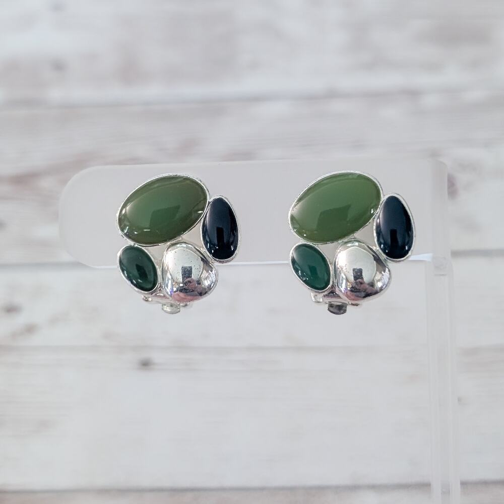 Vintage Clip On Earrings Silver Tone & Shades of Green